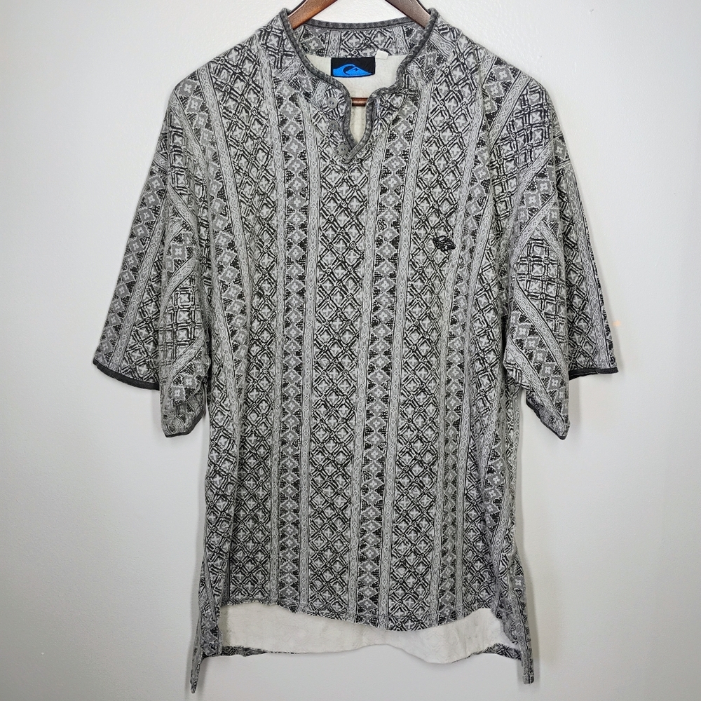 Vintage Quiksilver Mens Shirt Gray Geometric 90s Large Surfer 1/4 Button Retro
